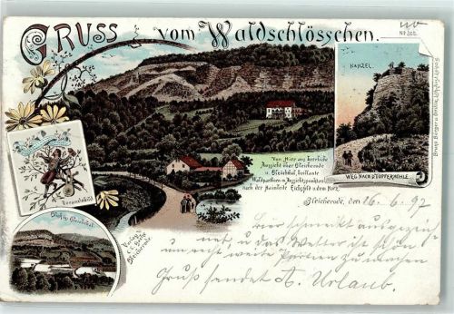 99752 O5502 Bleicherode 1897 Gebrauchsspuren Verandabild Blick ins Bleichthal Kanzel Weg nach der Töpferhöhle Waldschlösschen Lithographie