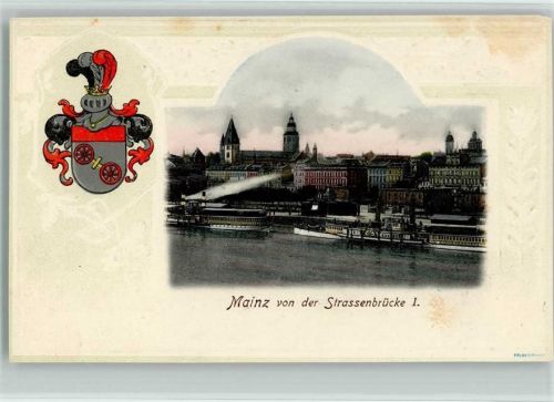 Mainz 1903 von der Straßenbrücke I Lithographie/Prägedruck