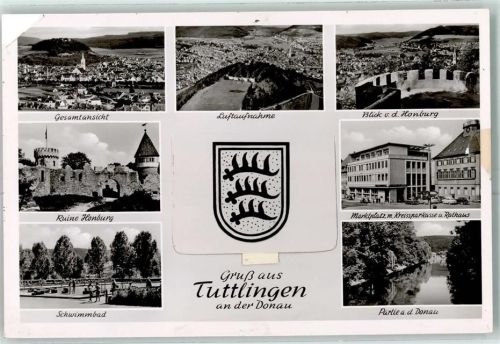 Tuttlingen Ruine Honburg Schwimmbad Fliegeraufnahme Marktplatz Kreissparkasse Rathaus Partie an der Donau