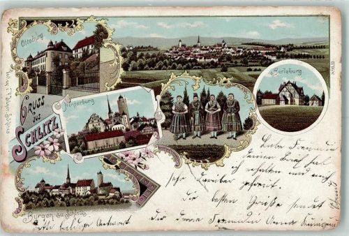 Schlitz Lithographie Vorläufer Druck 1890-1895 Ottoburg Hinterburg Trachten Berleburg Burgen zu Schlitz