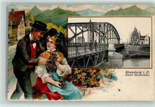 Strasbourg 1907 Lithographie Prägedruck Passepartout Trachtenpaar Kleine Rheinbrücke