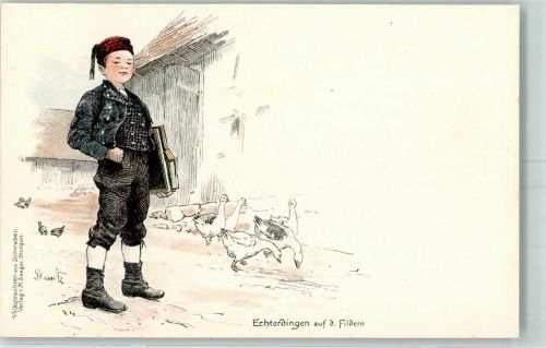70771 W7022 Echterdingen Künstlerkarte Junge Tracht Bücher Gänse sign
