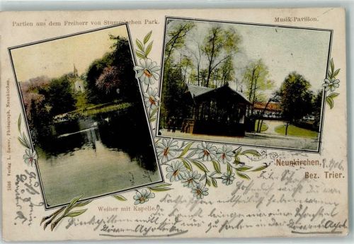 Neunkirchen 1906 Freiherr von Stumm`schen Park Musik Pavillon Weiher mit Kapelle