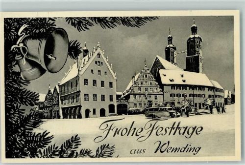 Wemding Marktplatz Marienbrunnen Reisebus Stadtpfarrkirche Glocke Tannenzweig Winter