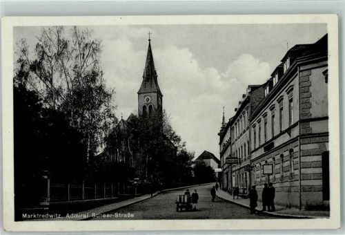 Marktredwitz Admiral Scheer-Straße Kinder mit Milchkannen-Bollerwagen Kirche Verlag Ottmar Zieher