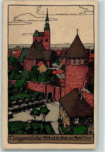 Tangermünde Blick auf die Stadt vom Kapitol-Turm sign Künstler-Stein-Zeichnung