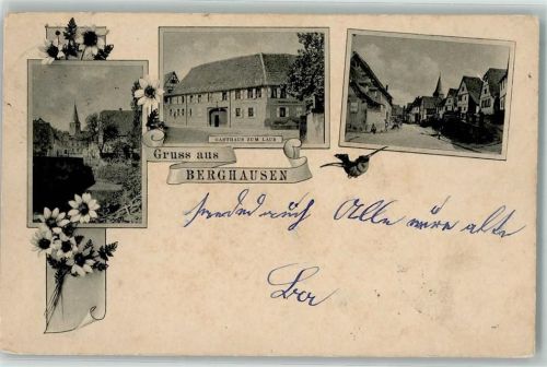 Berghausen 1898 Gasthaus zum Laub Dorfstraße Frühlingsstrauß Spatz