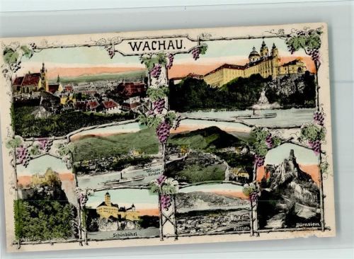 Krems 1924 Wachau Orte - Verzierung mit Weintrauben - AK Unten am Rand kleine Beschädigung