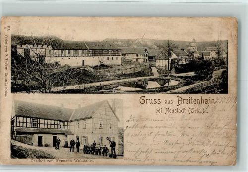 Breitenhain 1901 Gasthof von Herm. Wohlfahrt und Teilansicht , fleckig AK