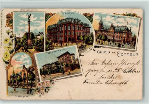 Cottbus 1901 Gruss aus - Litho, Kriegerdenkmal, Postamt, Realschule, Kreishaus AK