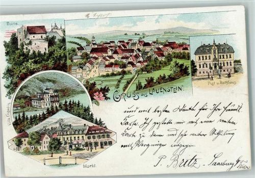 Lauenstein 1897 Gruss aus - Lithographie , Post und Rathaus , Markt