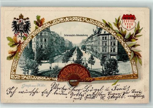 Köln Hohenstaufenring 1903 Prägedruck Barbarossaplatz Fächer Lithographie