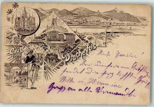 Drachenfels Lithographie Vorläufer Druck 1890-1895 Drachenburg Plateau a. d. Drachenfels