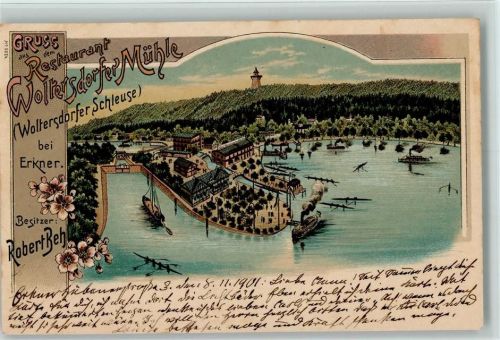 Woltersdorf 1898 Gruss aus - Lithographie - Restaurant Woltersdorfer Mühle , Schleuse