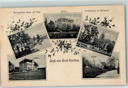 Großharthau 1909 Herrschaftliche Mühle und Teich Schloss Forellenteiche im schlosspark Schule Kirche