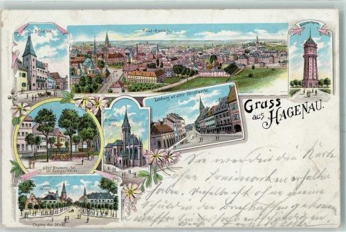 Haguenau 1903 Bibliothek Alter Brunnen St. Georgs-Kirche Landweg mit alter Hauptwache Wasserturm Hotel National
