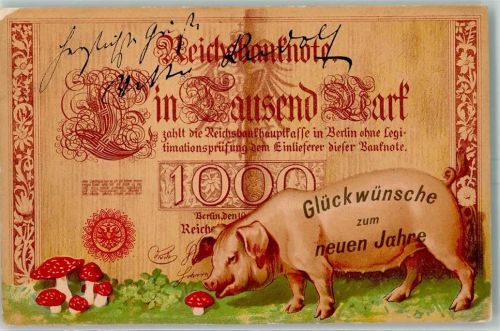 1915 Reichsbanknote Neujahr Schwein Pilz AK
