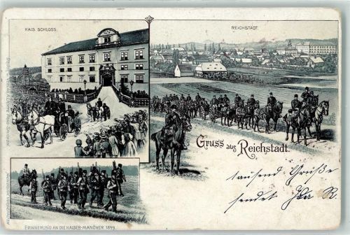 Zákupy 1899 Kais. Schloss Kutsche Soldaten Lithographie Pferde