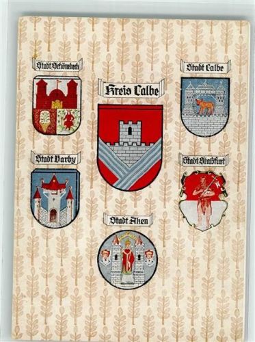 Calbe sign. Heimkunst Wappen der Städte Schönebeck Barby Calbe Aken Staßfurt Wohlfahrtswerk des Kreises Calbe/Saale
