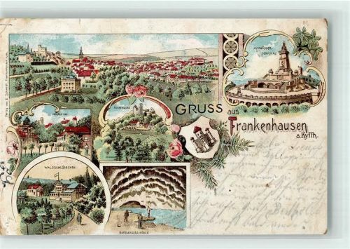 Bad Frankenhausen 1900 Kyffhäuser-Denkmal Barbarossahalle Gasthaus Waldschlößchen Rothenburg Lithographie