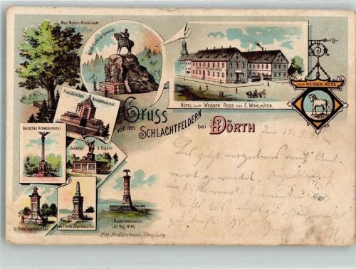 Woerth 1898 Hotel Zum weissen Ross E. Wohlhüter Nussbaum Franz. Armeedenkmal Kaiser Friedrich Denkmal Deutsches Armeedenkmal Denkmal d. Bayern XI. Hess. Jägerbataillon Württemb. Jägerbataillon I. Niederschlesisches Inf. Regt. Nr 46 Bahnpost Zug 213