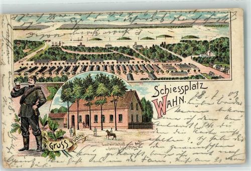 Wahn 1903 Gruss vom Schiessplatz Gasthaus zum Stern Soldat Pferd Lager