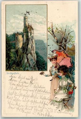 Lichtenstein 1903 Schloss Frauen Mode Regenschirm Lithographie