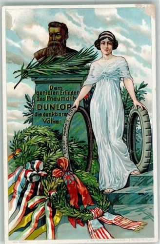 Dunlop Erfinder Denkmal Allegorie Frau mit Reifen - Schleifen vieler Länder