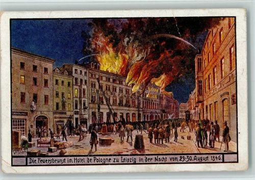 Leipzig 1913 Die Feuerbrunst im Hotel de Pologne anno 1846, Feuerwehr, sign Gottschalk, Festpostkarte Nr. 3 Eckknick