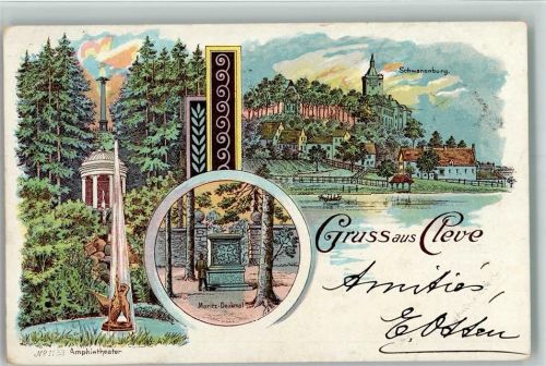 Cleve 1900 Gruss aus - Amphitheater, Moritz Denkmal, Springbrunnen , gute Erhaltung AK