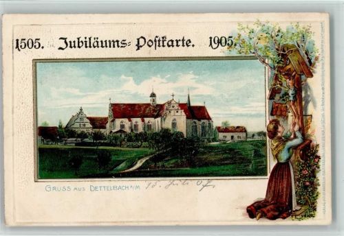 Dettelbach 1905 Passepartout Wegkreuz Betende Frau Jubiläums-Postkarte