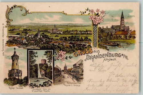 Brandenburg 1898 Altstadt Dom Kriegerdenkmal Humboldt-Hain mit Plauertor-Turm Rathenowertor-Turm und Straße Lithographie