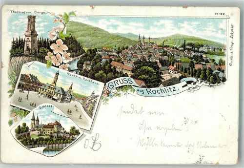 Rochlitz 1898 Rathaus Marktplatz Schloss Turm auf dem Berg Lithographie Reißnagellöcher
