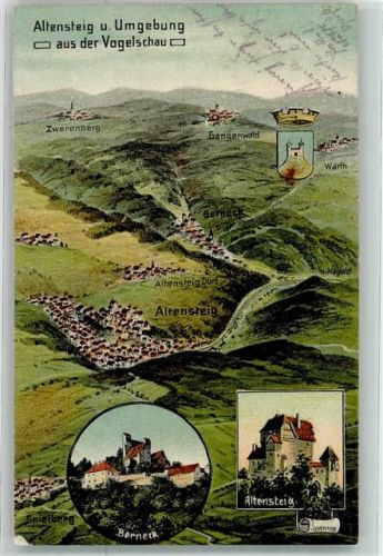 Altensteig 1917 Vogelschau Berneck Wappen