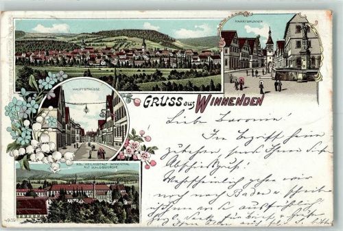 Winnenden Marktbrunnen Hauptstraße Kgl. Heilanstalt Winnenthal mit Schlosskirche Lithographie