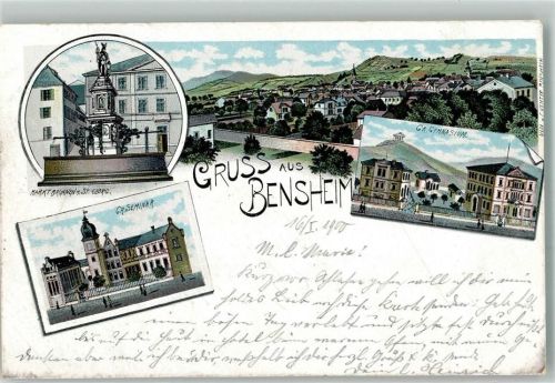 Bensheim 1900 Lithographie Marktbrunnen m. St. Georg Gr. Gymnasium Gr. Seminar