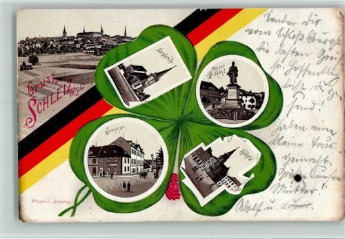 Schleiz 1903 Gruss aus - Bilder der Stadt im Kleeblatt und Fahnenband schwarz-rot-gold