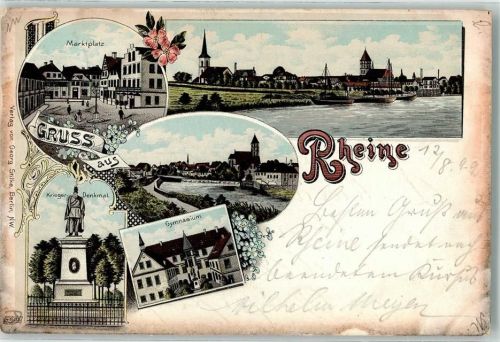 Rheine 1899 Marktplatz Gymnasium Kriegerdenkmal Lithographie