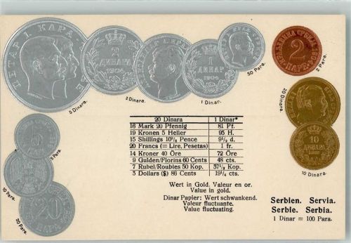 Münzenkarte Münzabbildungen Geld auf AK Lithographie Motiv Serbien Prägedruck