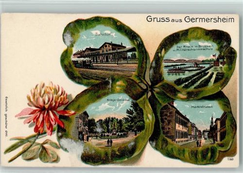 Germersheim Lithographie / Prägedruck Vierblättriger Klee Bahnhof rhien Brücke Militärschwimmschule Kriegerdenkmal Marktstraße