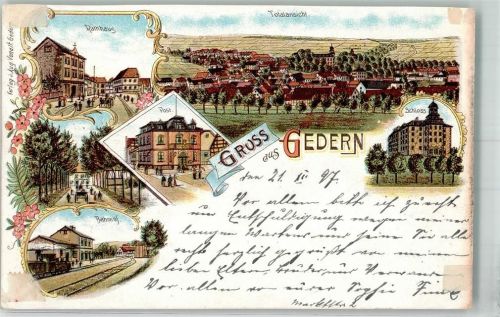 Gedern 1897 Rathaus Bahnhof Post Schloss Lithographie Beschnitten