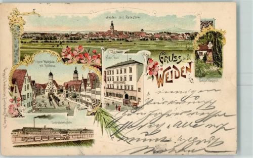 Weiden 1896 Parkstein Schlör-Denkmal Hotel Post Unterer mit Rathaus Zentralwerkstätte