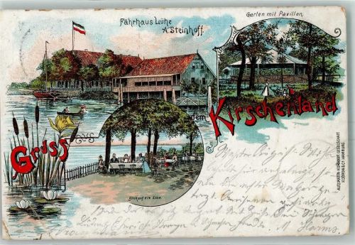 Jork 1898 Fährhaus Lühe A. Steinhoff Garten mit Pavillon Elbe Seerosen Schilf Kirschenland Lithographie