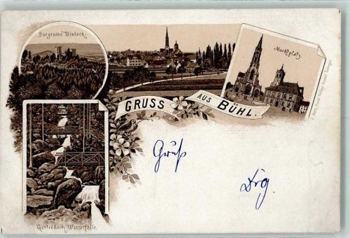 Bühl Vorläufer Druck 1890-1895 Burgruine Windeck Marktplatz Gertelbach Wasserfälle