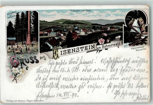 Zelezná Ruda 1897 Große Tanne bei Deffernik Klammerloch-Wasserfall