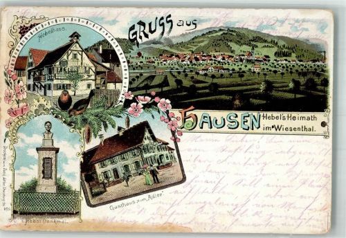 Hausen 1902 Lithographie Hebelhaus Hebel Denkmal Gasthaus z. Adler
