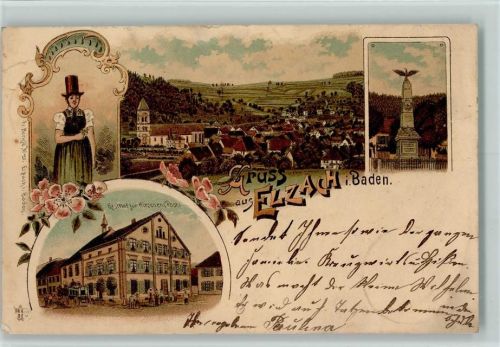Elzach Gruss aus - Litho, Kriegerdenkmal, Gasthof zum Hirschen , Eckknick