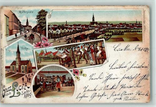 Lucka 1900 Gruss aus - Litho, Kegelbahn im Freien, Marktplatz , Eckknick