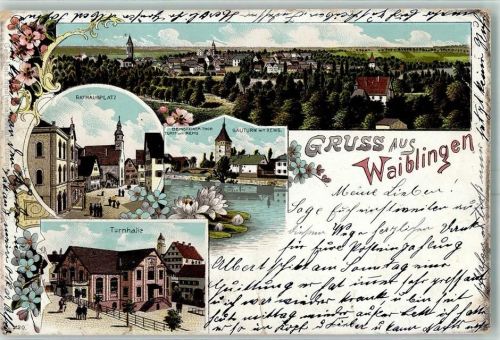 Waiblingen 1906 Rathausplatz Beinsteiner Tor-Turm mit Rems Sauturm mit Rems Seerosen Turnhalle Lithographie