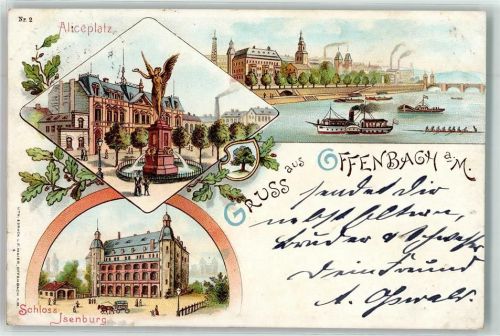 Offenbach 1898 Aliceplatz Brunnen Eichenblätter Schloß Isenburg Main Mainbrücke